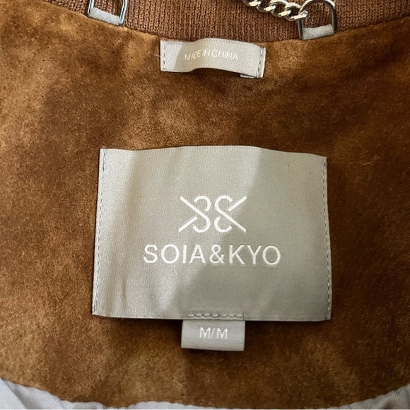 Soia & Kyo Suede Leather Jacket Full Zip Ribbed Panels Brown M - Picture 4 of 6